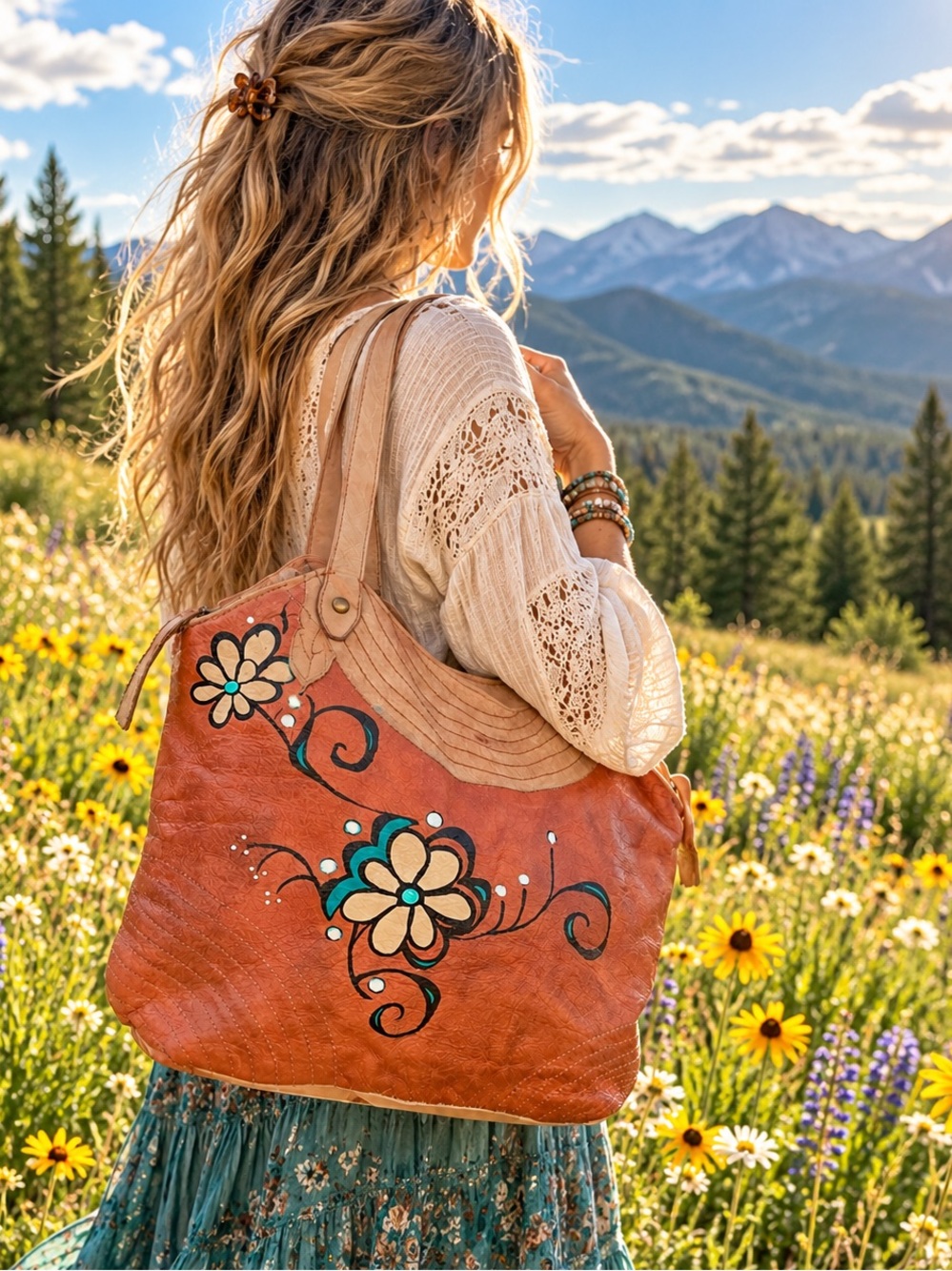 47 Maple Washed Leather Hand Painted Floral Shoulder Bag NWT
